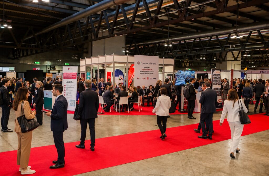 Il padiglione di Expo Training a Fiera Milano: persone in piedi e in conversazione lungo un tappeto rosso, tra gli stand